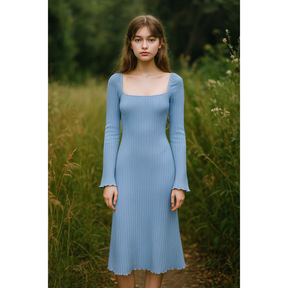 Lisa Says Gah Light Blue Roya Ribbed A-line Midi Dress